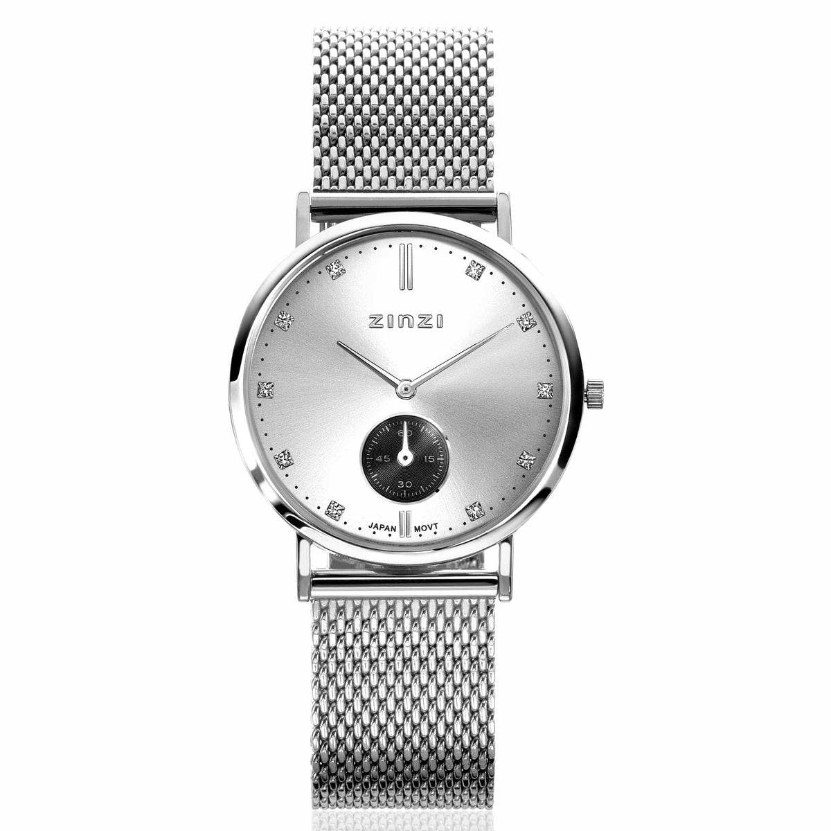 Reloj de acero color plateado con esfera plateada y correa de malla.