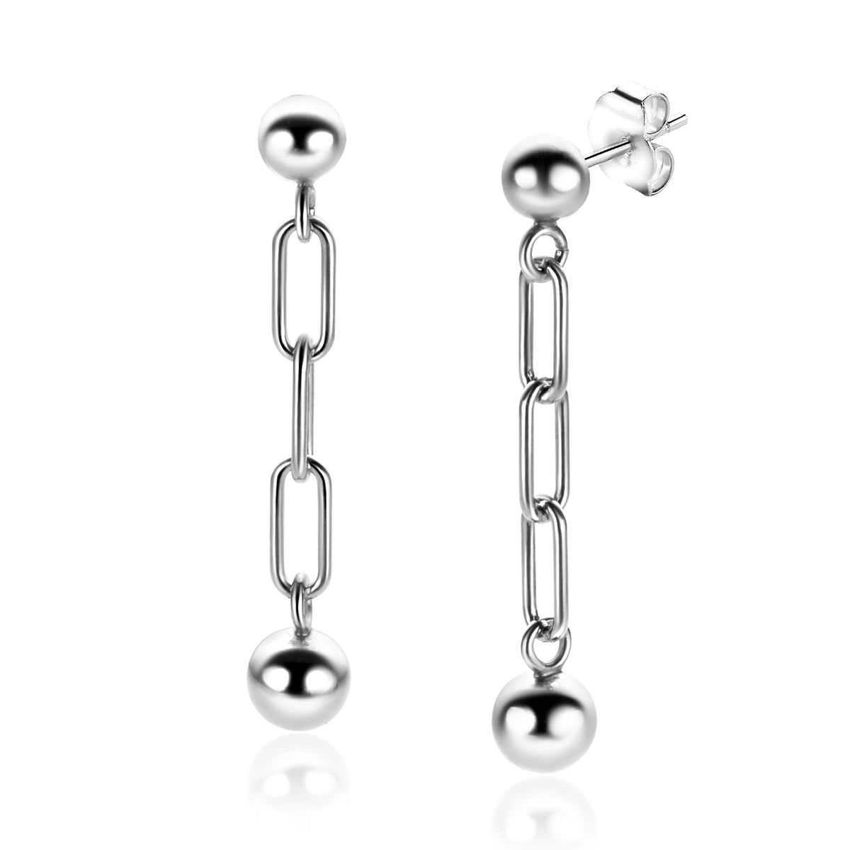 Pendientes largos de plata con eslabones y bolas en los extremos.