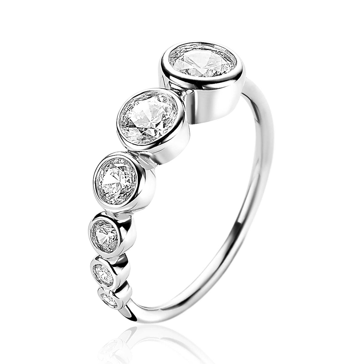 Anillo de plata con seis piedras brillantes en forma redonda.