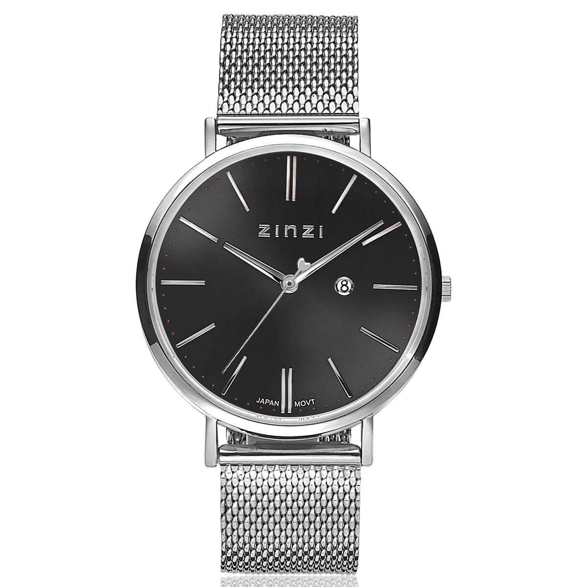 Reloj de acero color plateado con esfera negra y correa de malla.