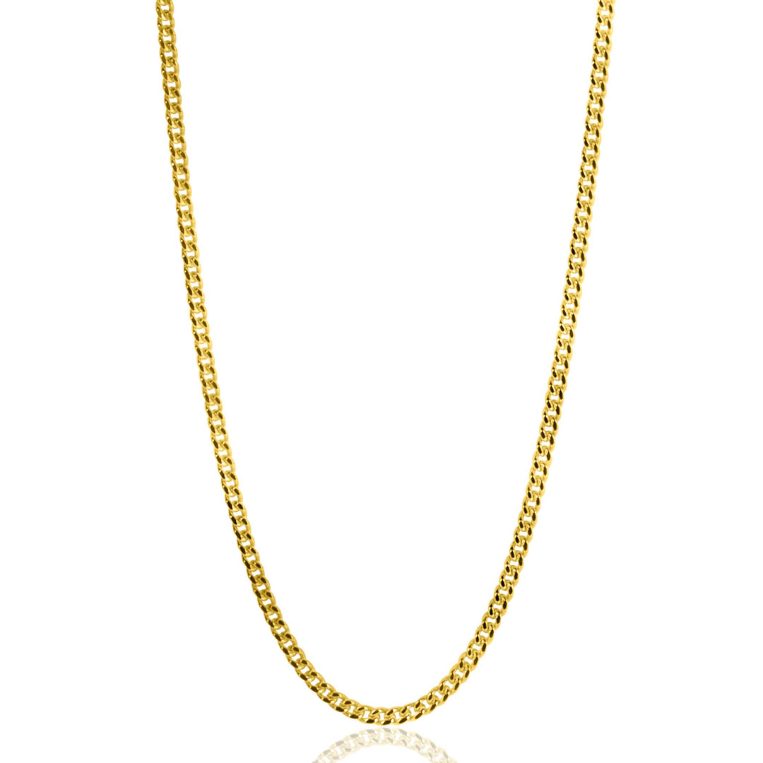 Een Zinzi Ketting Goud Zglg42 1 ketting, met kleine in elkaar grijpende schakels, wordt getoond op een witte achtergrond. De gourmetketting loopt elegant, wat het minimalistische ontwerp benadrukt.