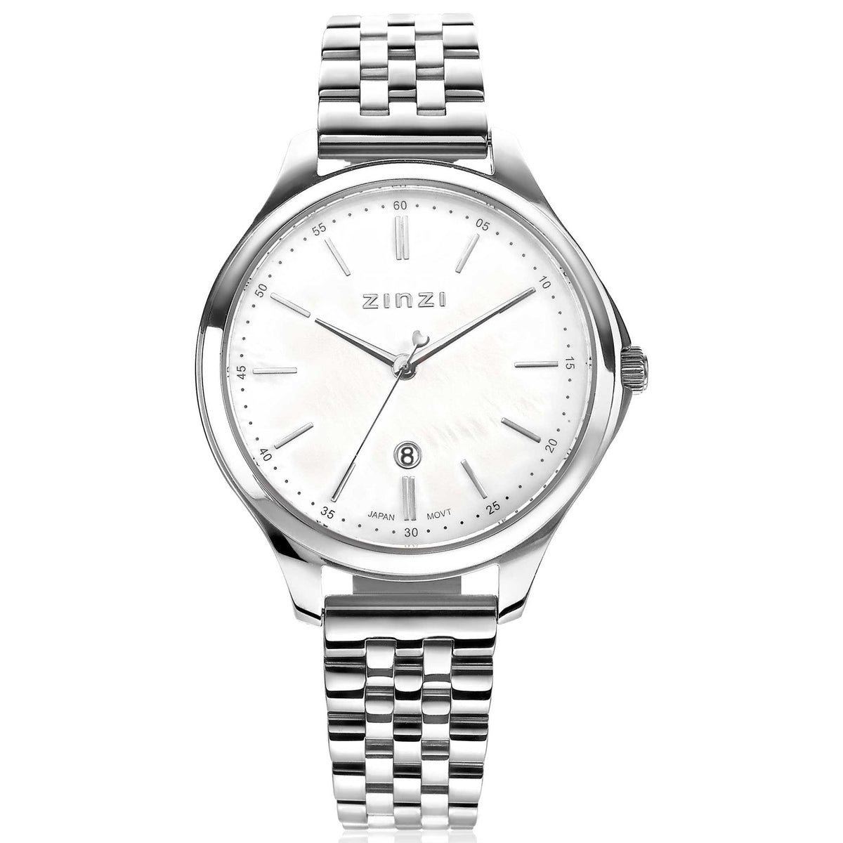 Reloj de acero color plateado con esfera blanca y brazalete de malla.