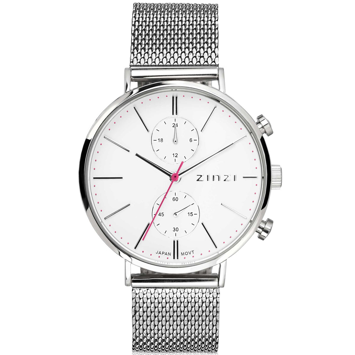 Reloj de acero color plateado con esfera blanca, detalles en rojo y correa de malla.
