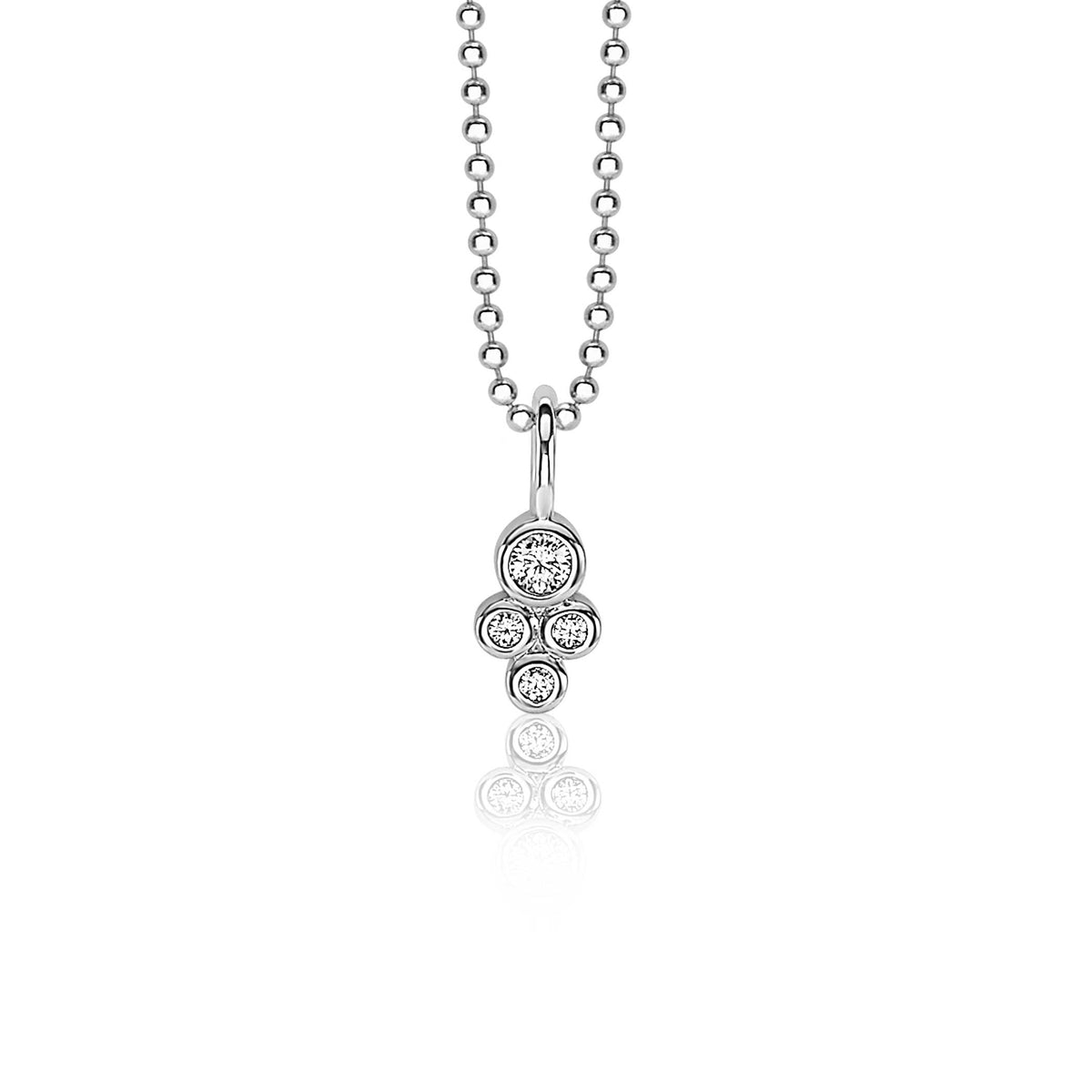 Colgante de plata con cinco circonitas brillantes en forma de cruz.