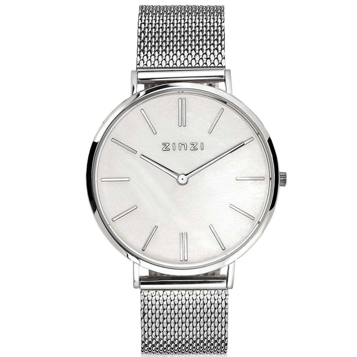 Reloj de acero color plateado con esfera blanca y correa de malla.