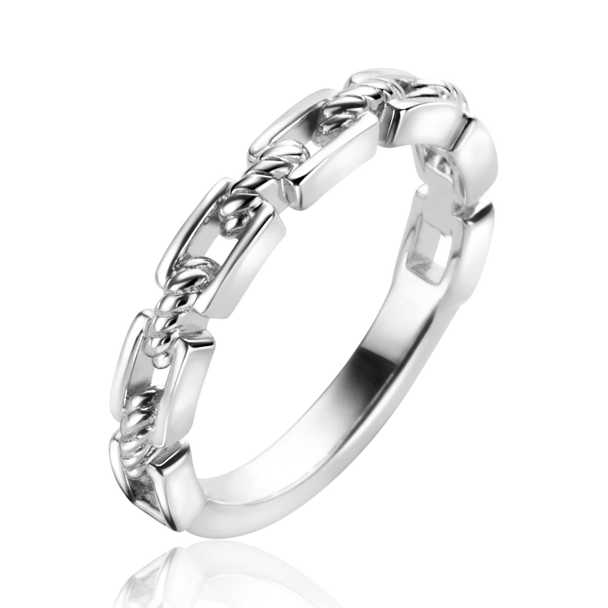 Anillo de plata con diseño entrelazado y detalles geométricos.