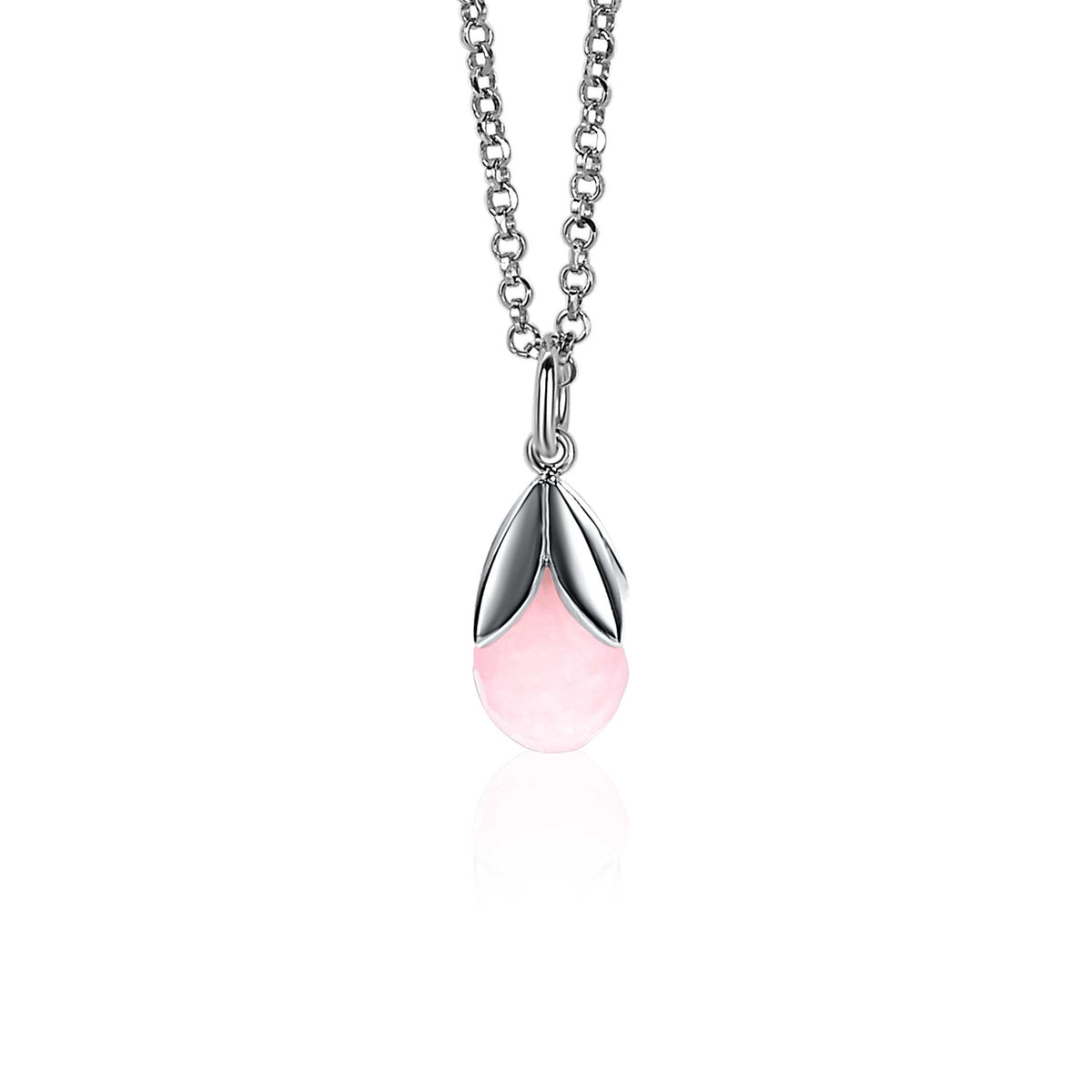 Colgante de plata con piedra rosa en forma de gota y detalles en plata.