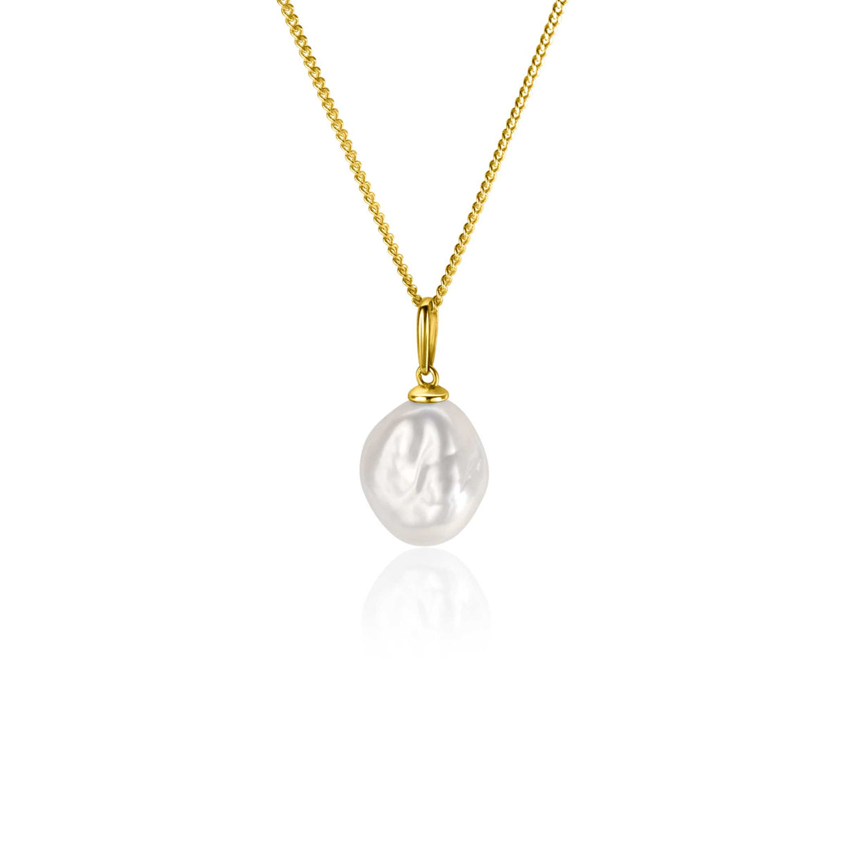 Colgante dorado con perla blanca, forma ovalada y cadena fina.