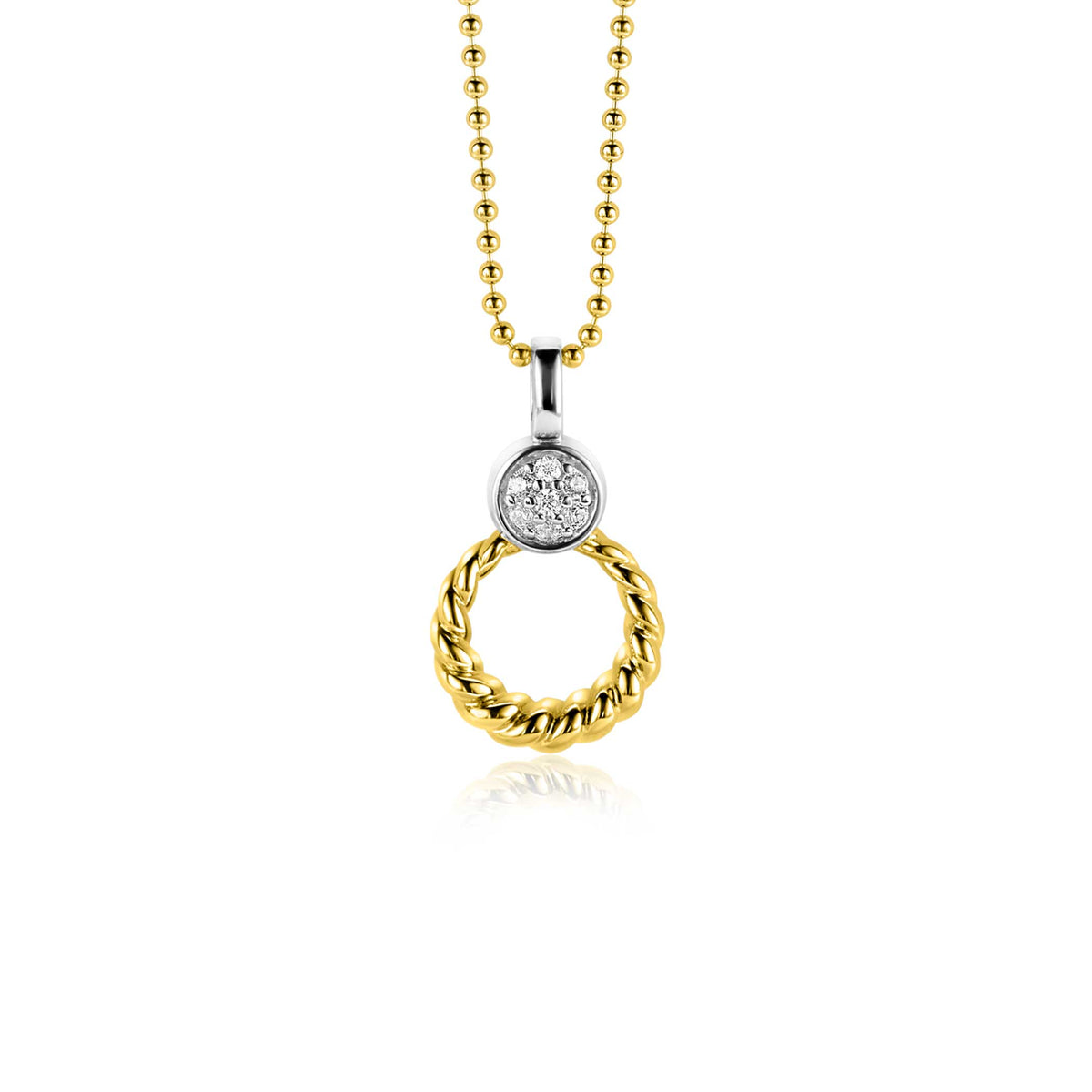 Colgante dorado con diseño trenzado y detalle de circonitas en la parte superior.