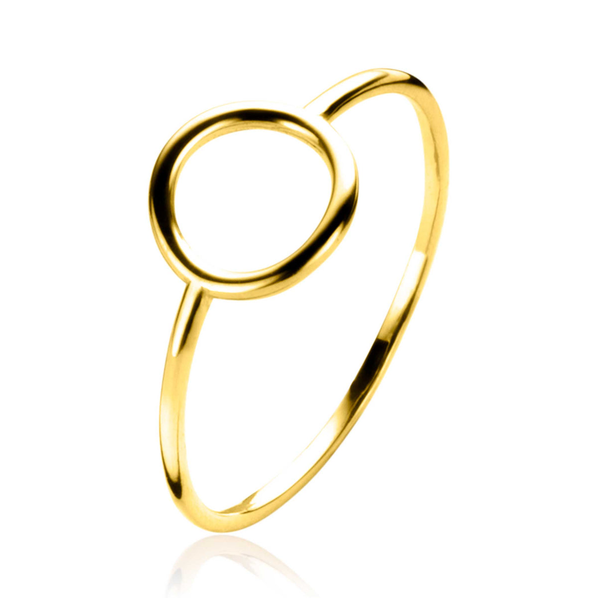 Anillo dorado con un diseño minimalista y un círculo abierto en el centro.