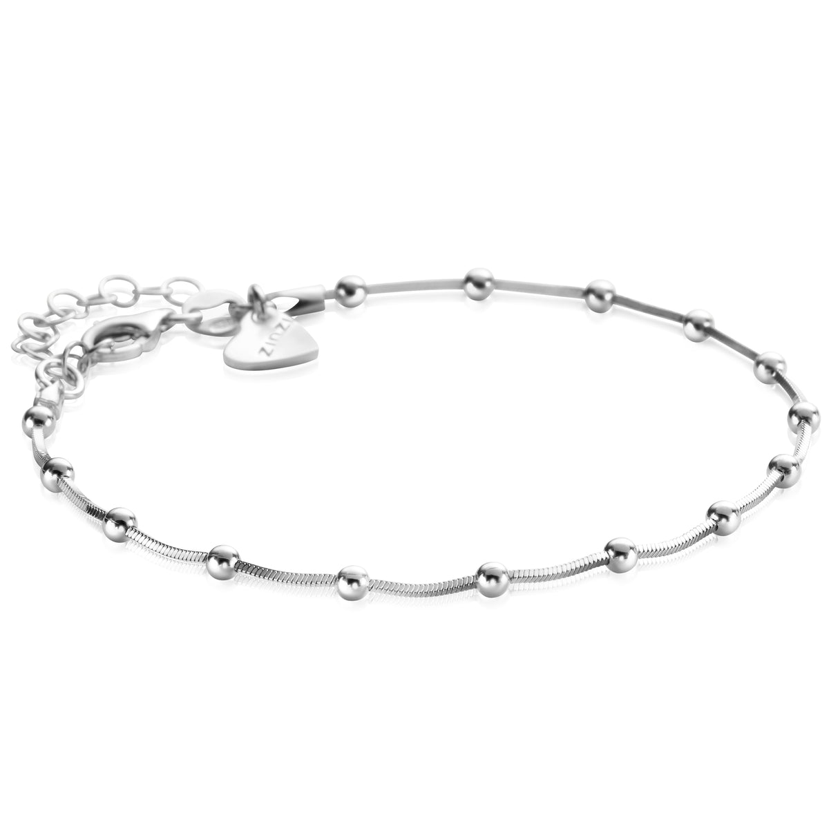 Pulsera de plata con eslabones y pequeñas bolitas, cierre de langosta y charm en forma de corazón.