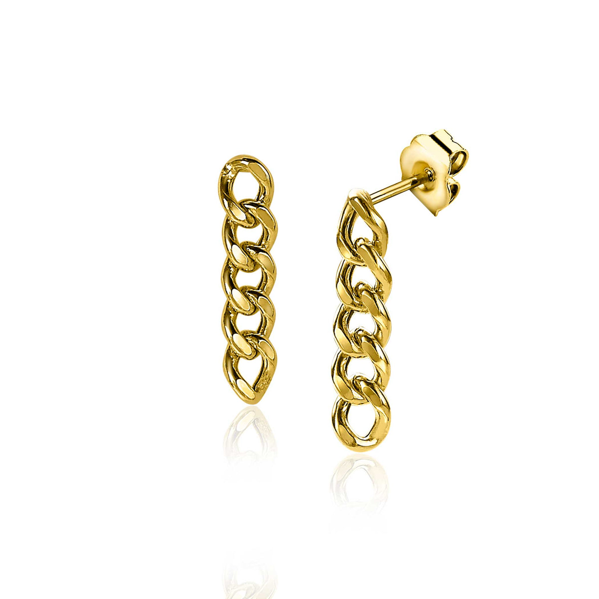 Pendientes largos dorados con eslabones en forma de cadena.