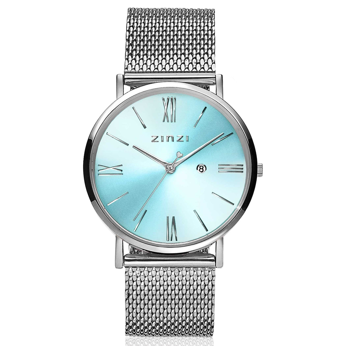 Reloj de acero color plateado con esfera azul clara y malla metálica.