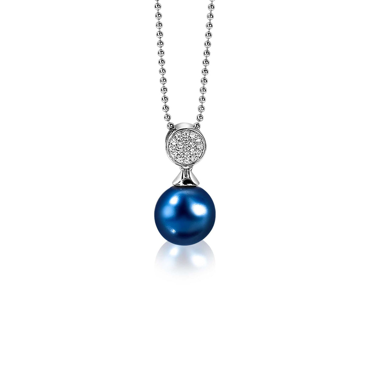 Colgante de plata con perla azul brillante y detalle de circonitas.