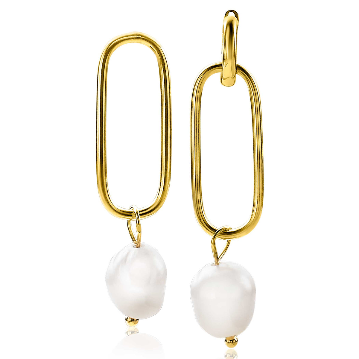 Pendientes de aro dorados con perla blanca colgante.