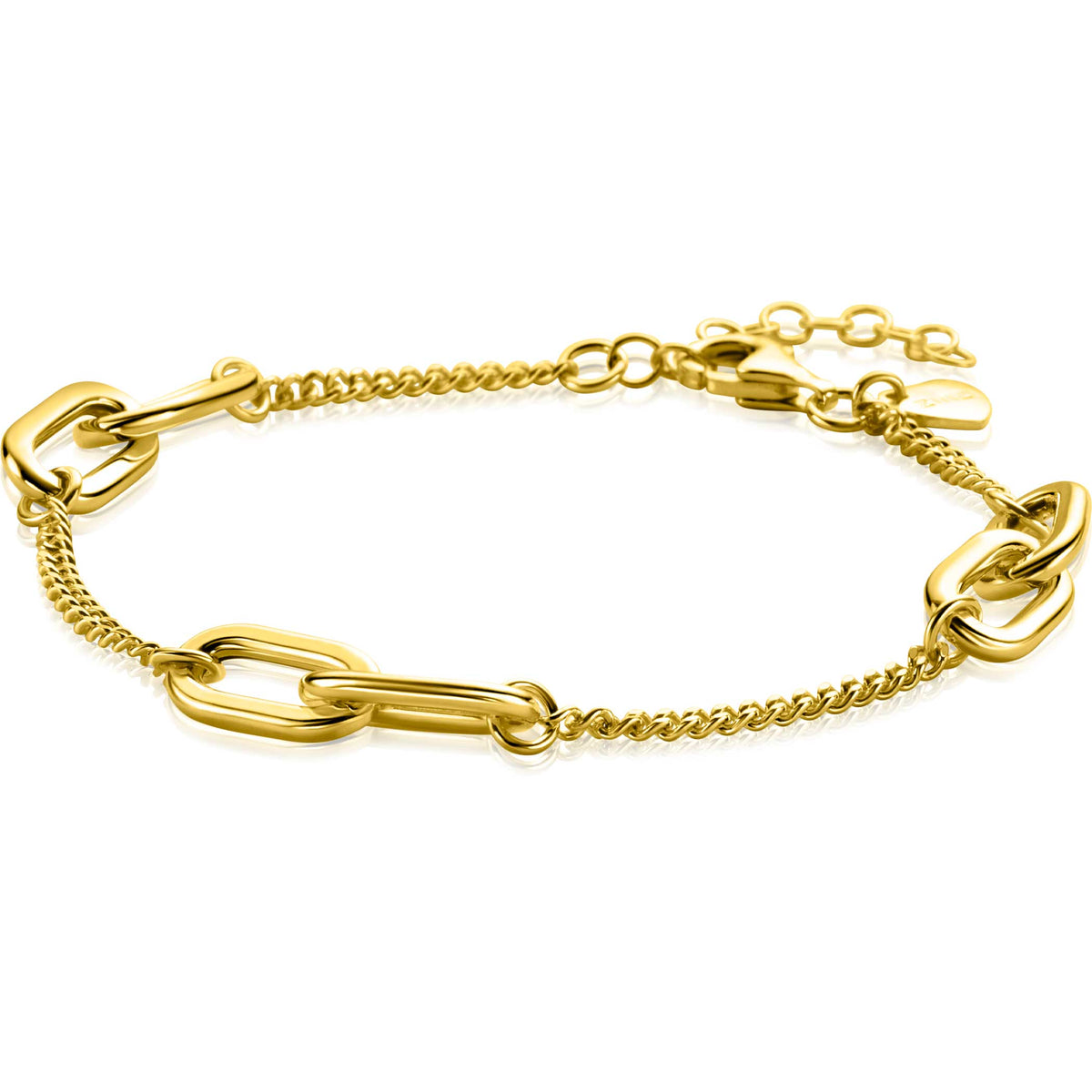 Pulsera dorada con eslabones y cadena, diseño moderno y brillante.