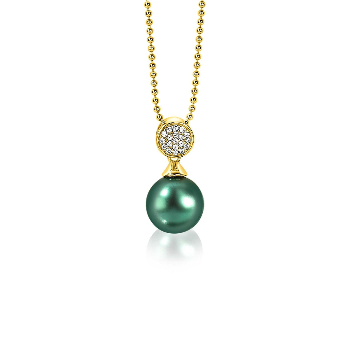 Colgante dorado con perla verde y detalles de circonitas brillantes.