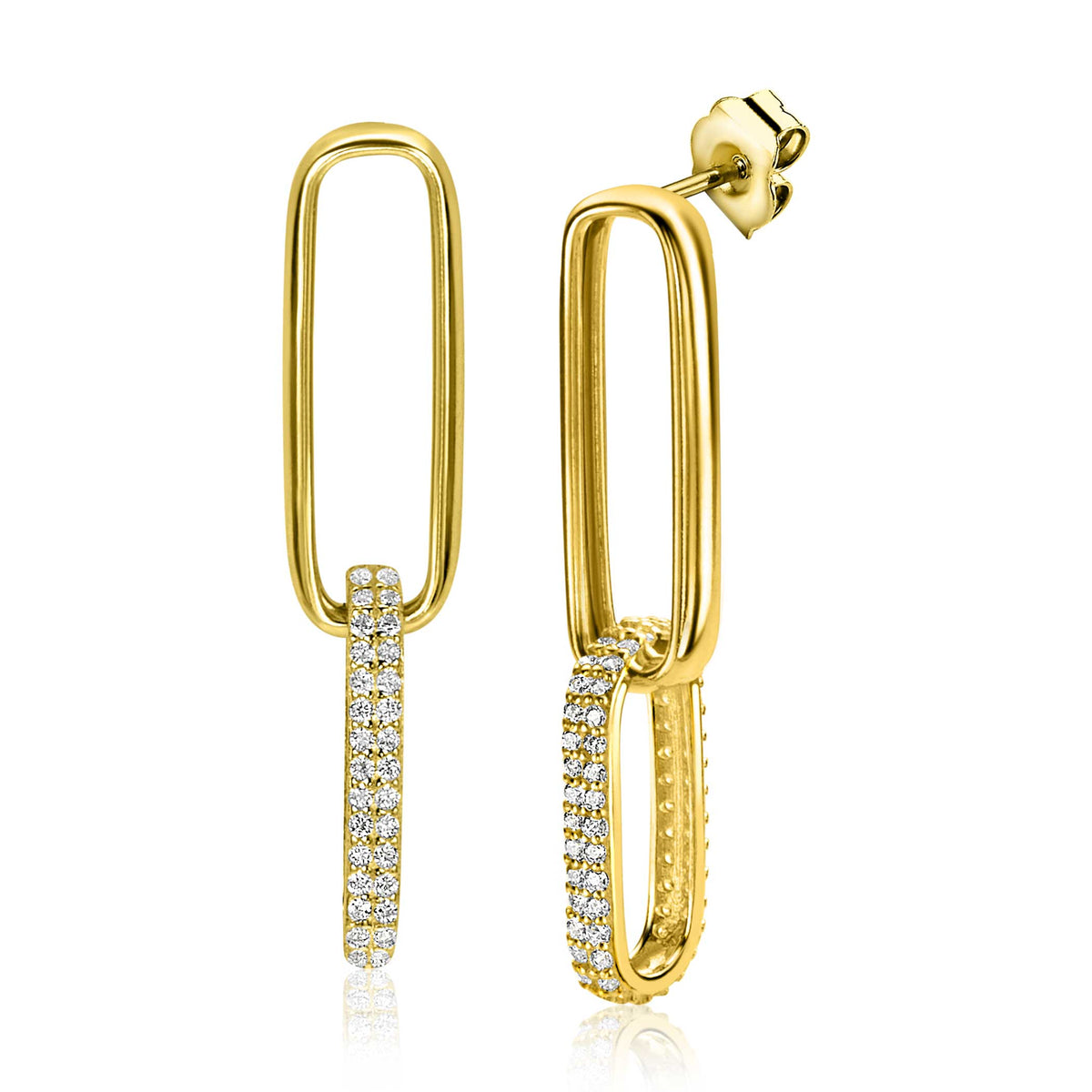 Pendientes largos dorados con forma rectangular y detalles de circonitas brillantes.