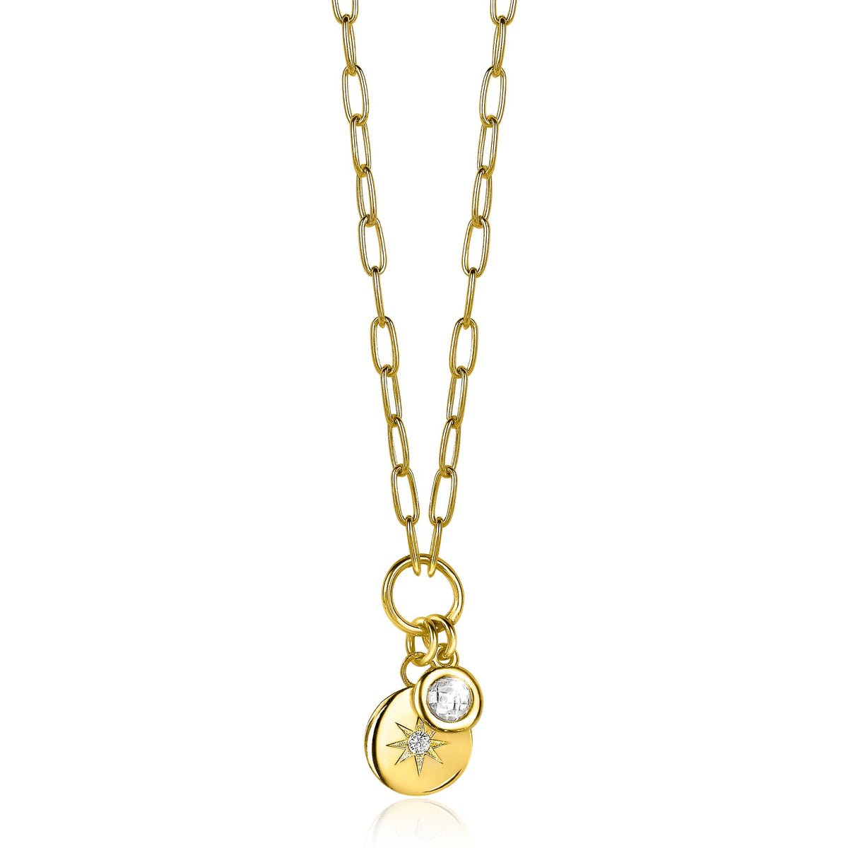 Collar dorado con eslabones y colgante, adornado con una piedra brillante.
