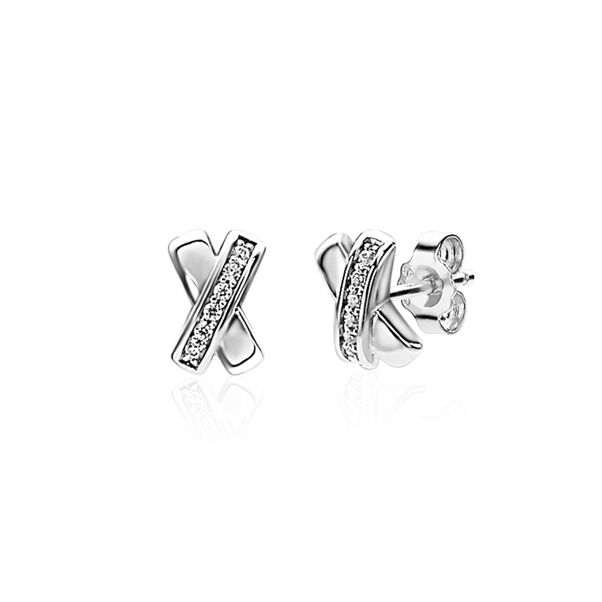 Pendientes de plata con diseño cruzado y detalles de circonitas brillantes.
