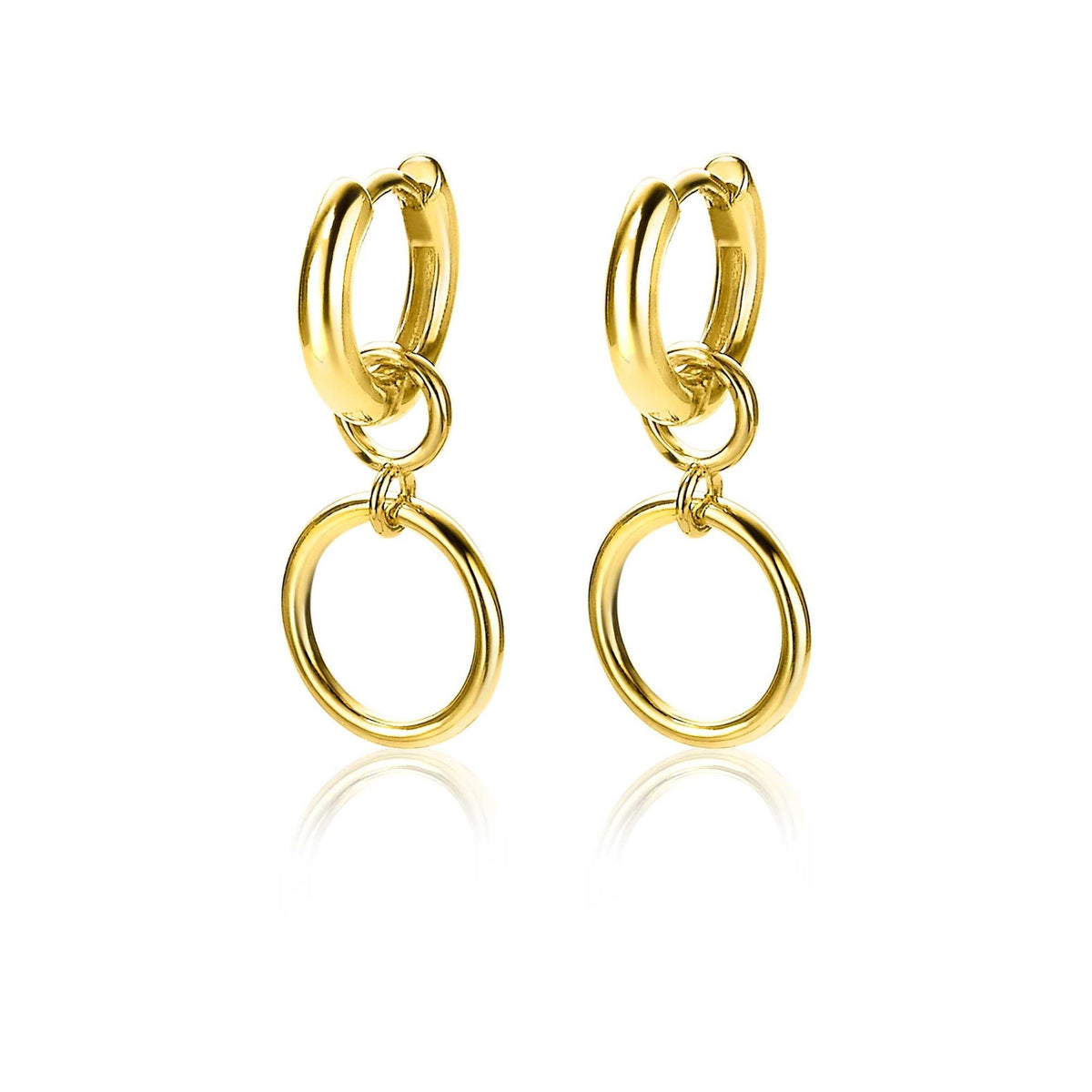 Pendientes de aro dorados con un diseño de doble anillo entrelazado.