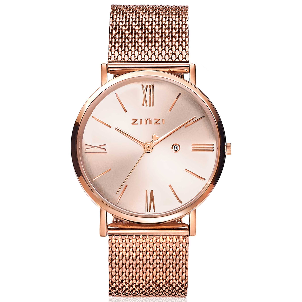 Reloj de acero color rosado con esfera brillante y malla metálica.