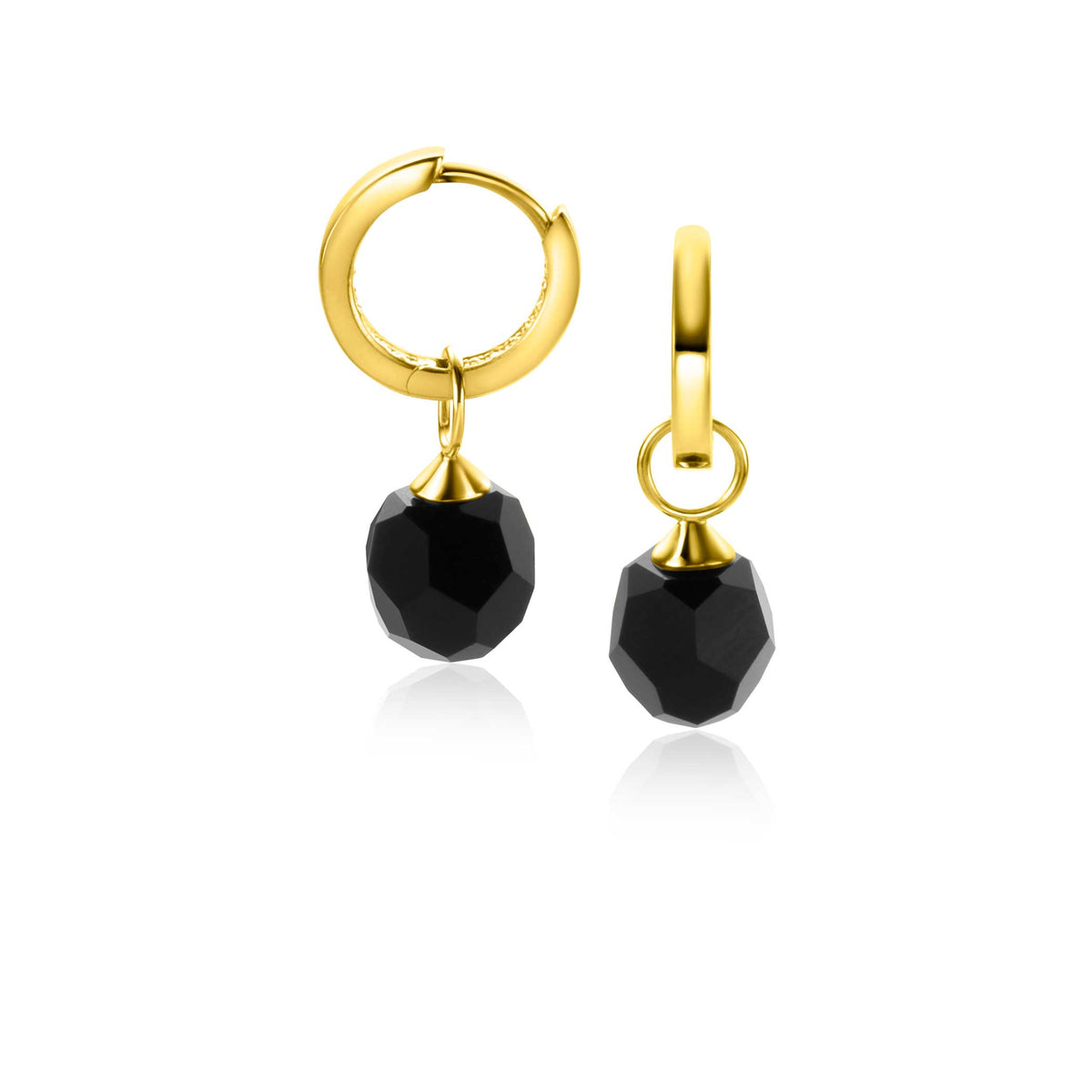 Pendientes de aro dorados con charm facetado negro.