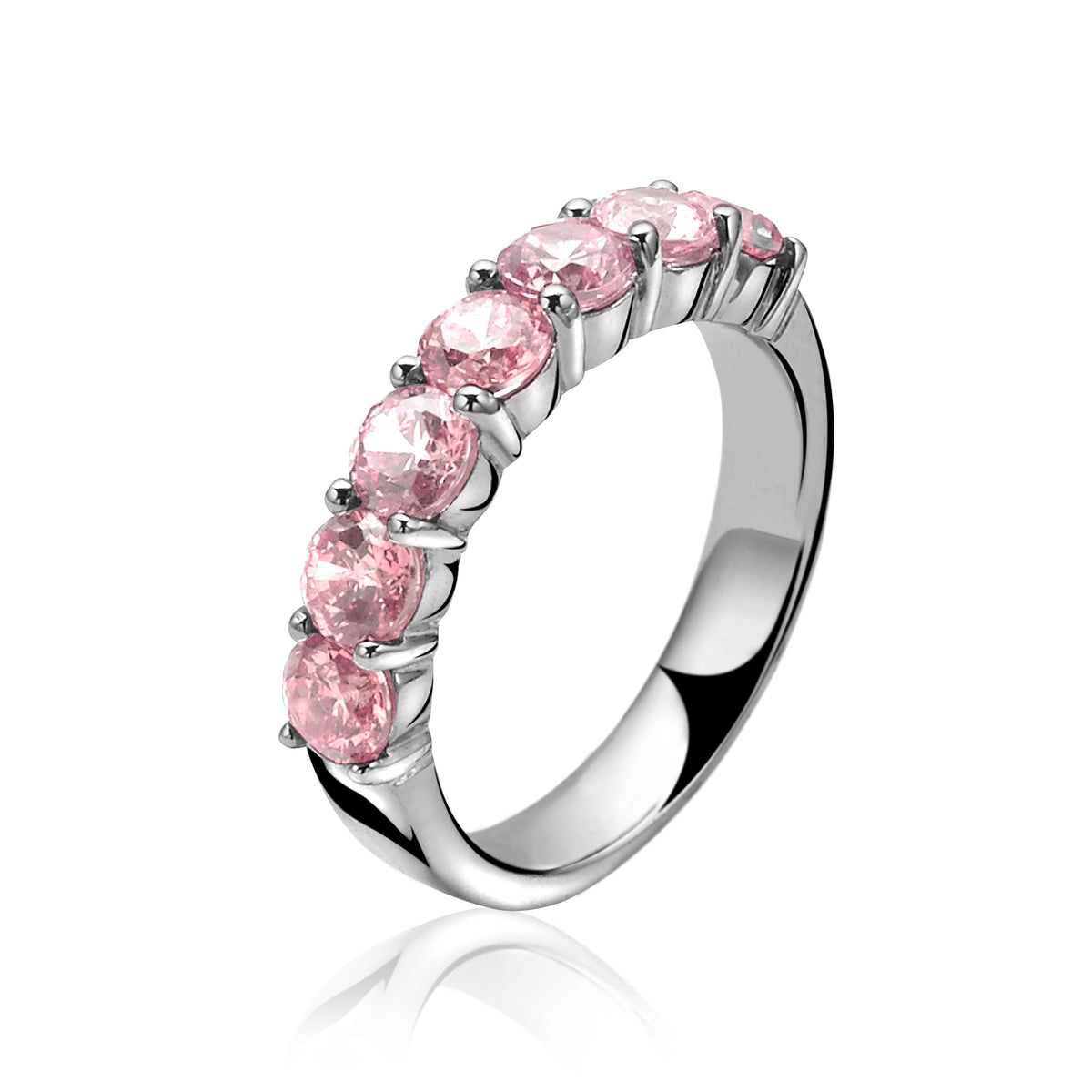 Anillo de plata con piedras rosas brillantes en un diseño elegante.