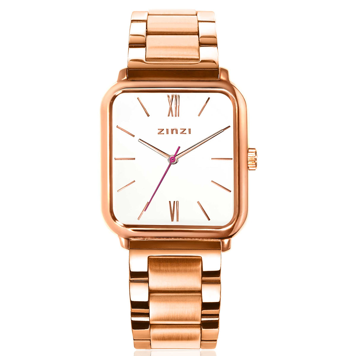 Reloj de acero inoxidable color rosado con esfera blanca y detalles en rosa.