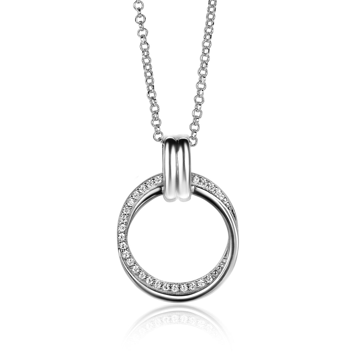 Collar de plata con colgante circular adornado con circonitas brillantes.