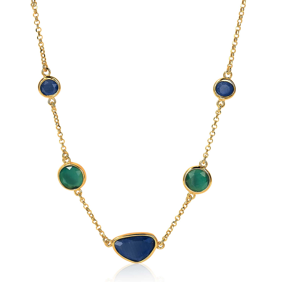 Collar dorado con piedras en tonos azul y verde, diseño con formas irregulares.