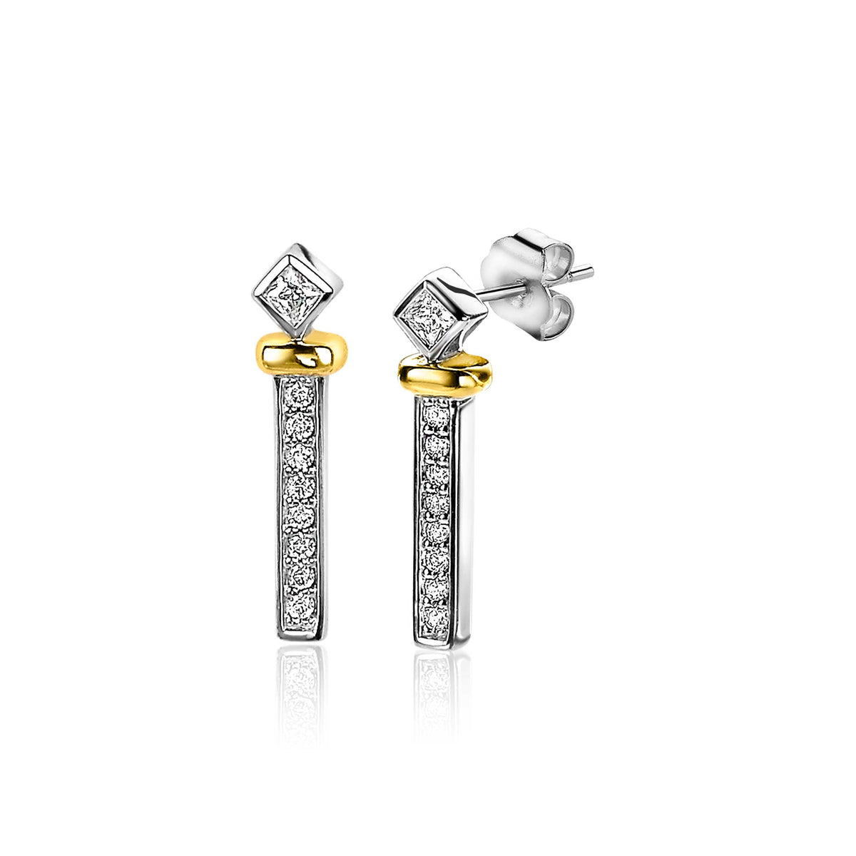 Pendientes de plata con detalles en oro y piedras brillantes, de forma rectangular y colgante.