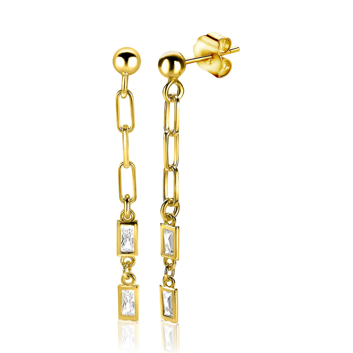 Pendientes largos dorados con eslabones y detalles rectangulares en cristal.