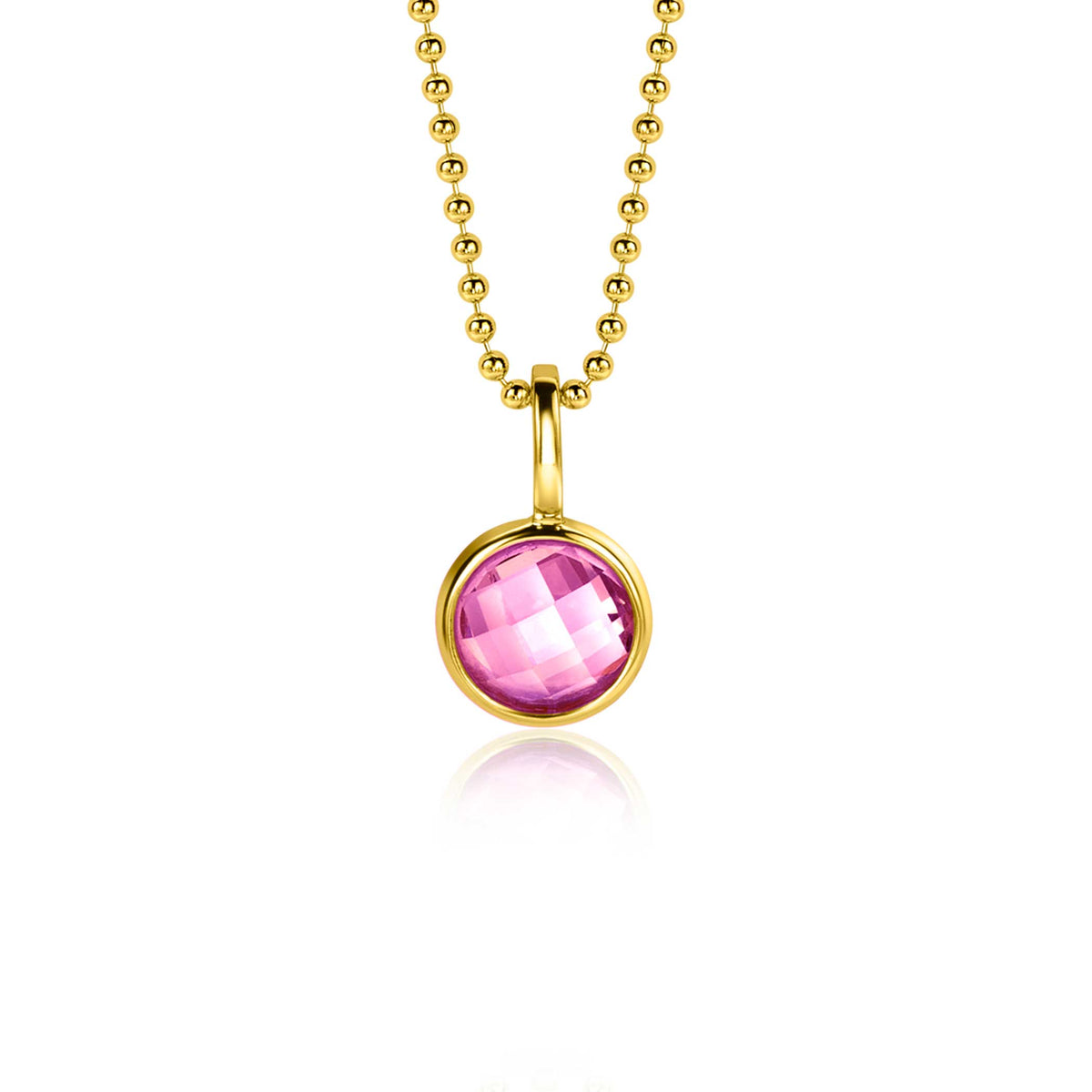 Colgante dorado con piedra rosa facetada, montado en cadena de bolitas.