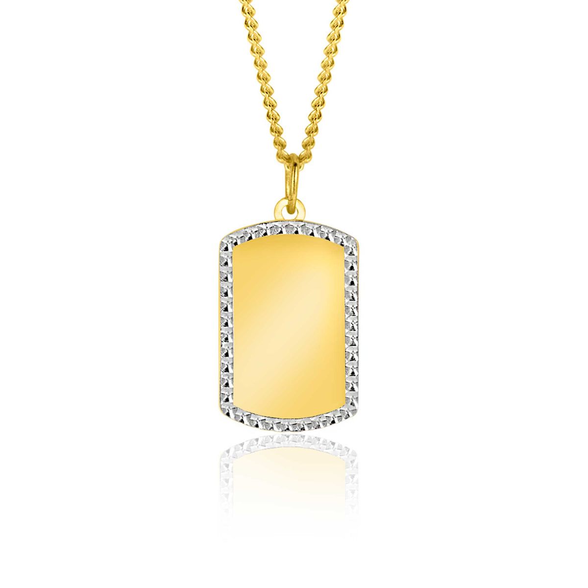 Colgante dorado rectangular con borde de piedras brillantes y cadena de bolitas.