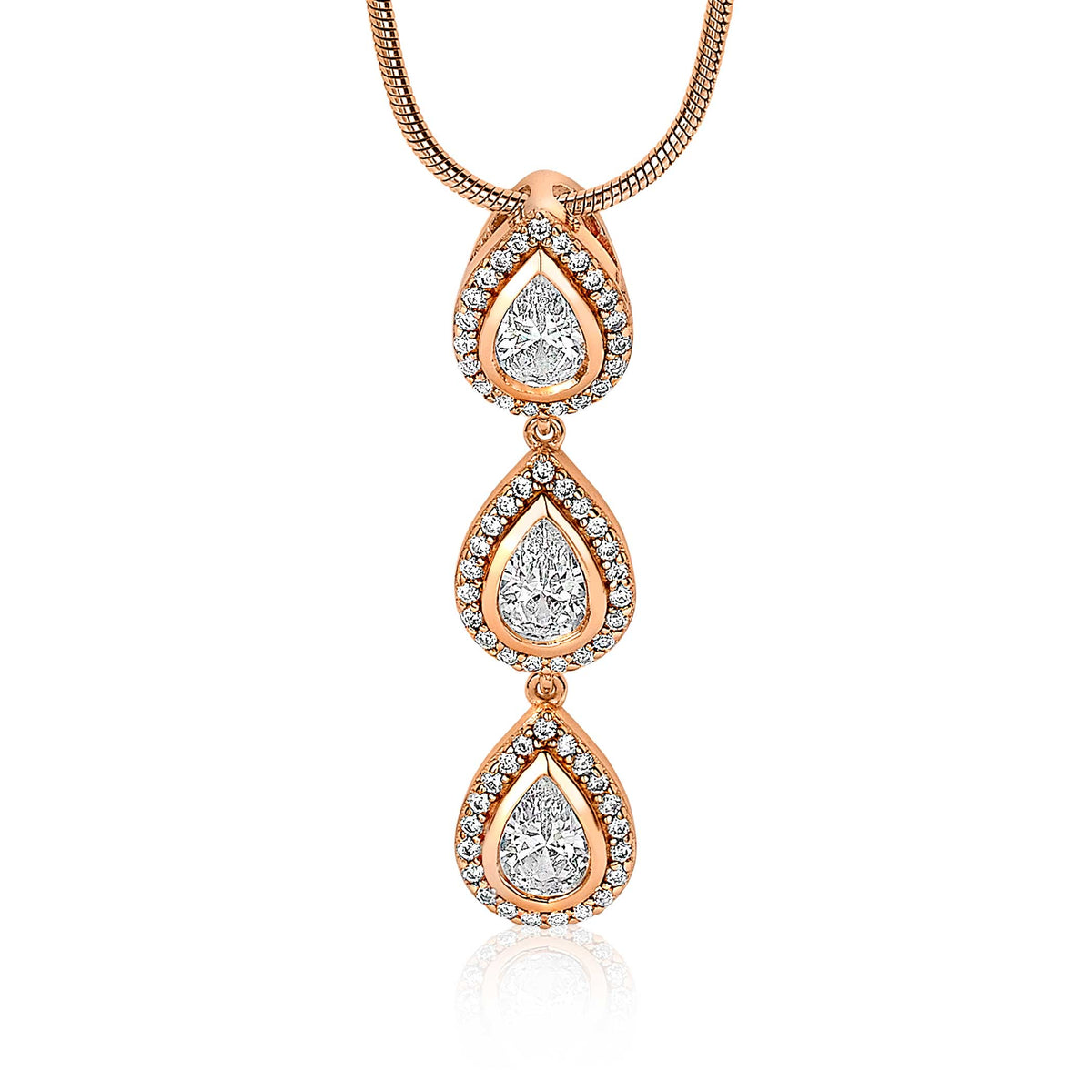 Colgante dorado con tres gotas en forma de pera, adornado con circonitas brillantes.