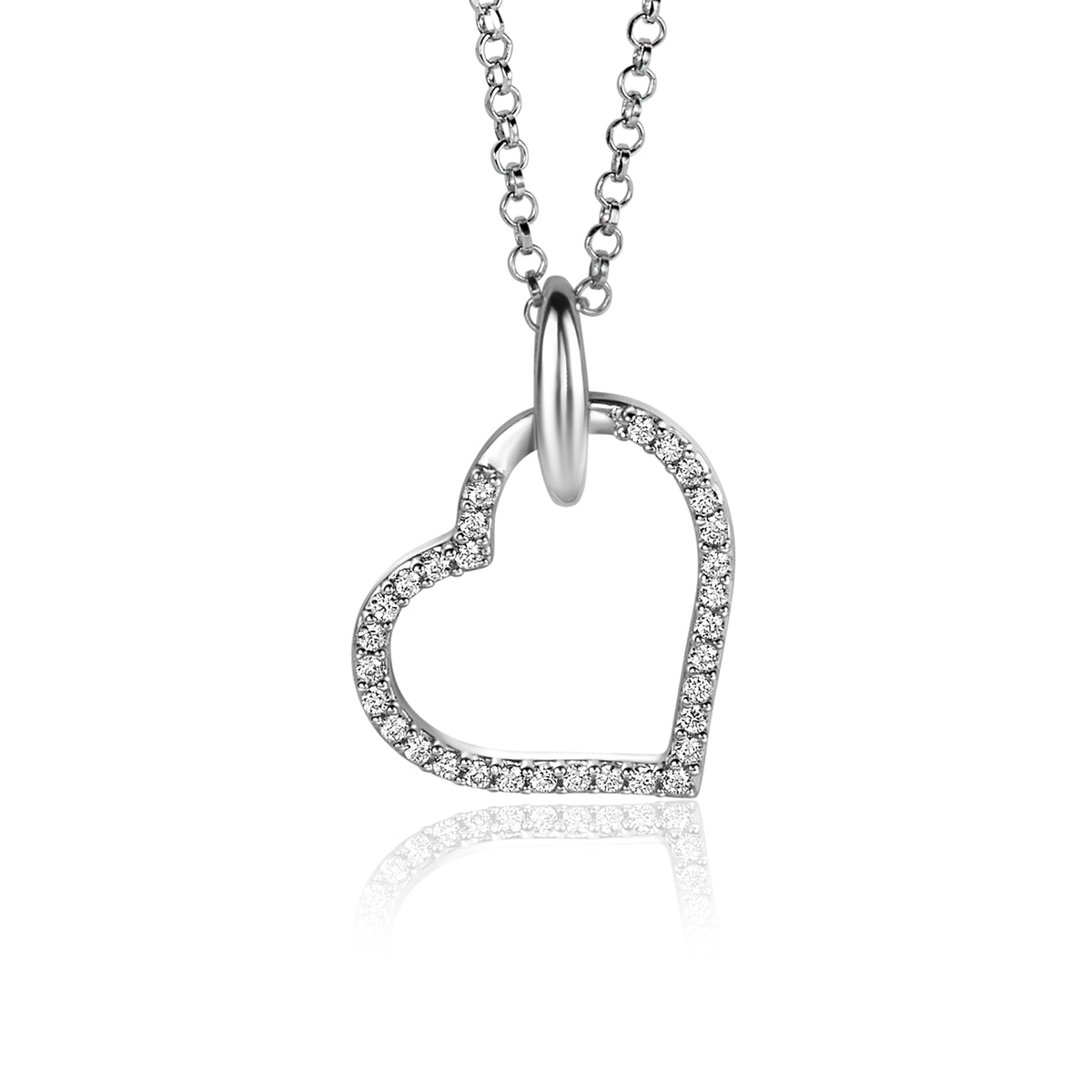 Colgante de corazón plateado con circonitas brillantes en el contorno.