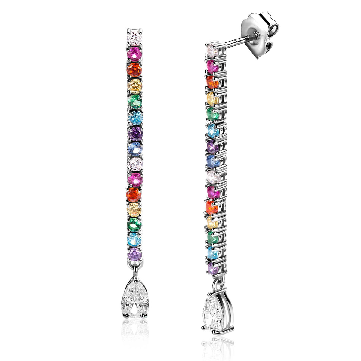 Pendientes largos de plata con piedras de colores brillantes y un colgante en forma de gota.