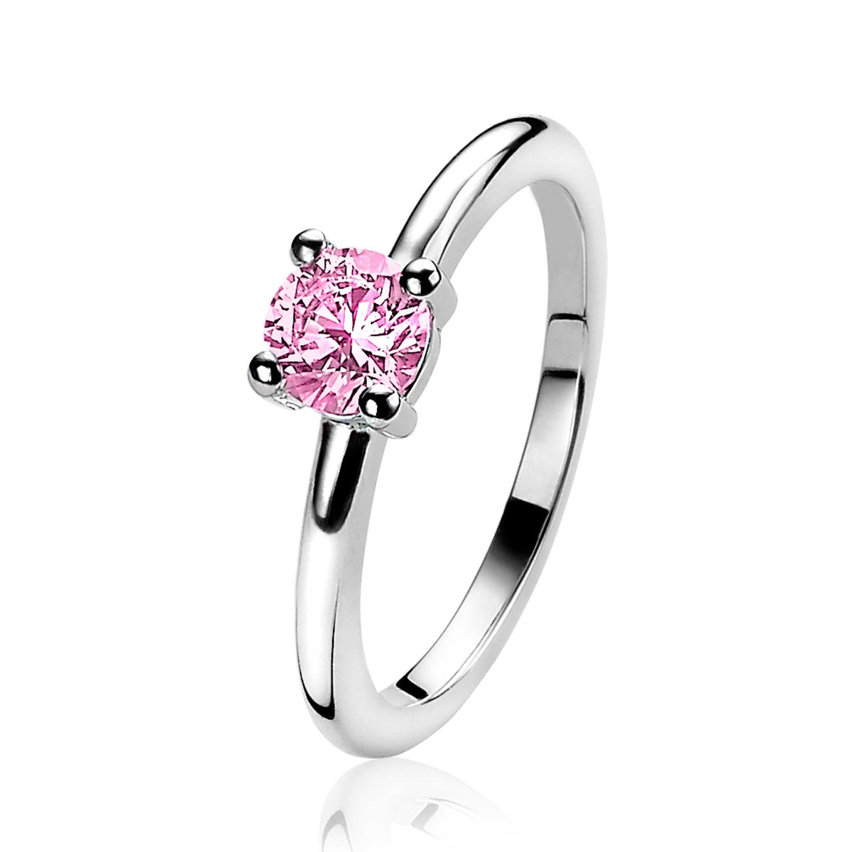 Anillo de plata con una piedra rosa brillante en el centro.