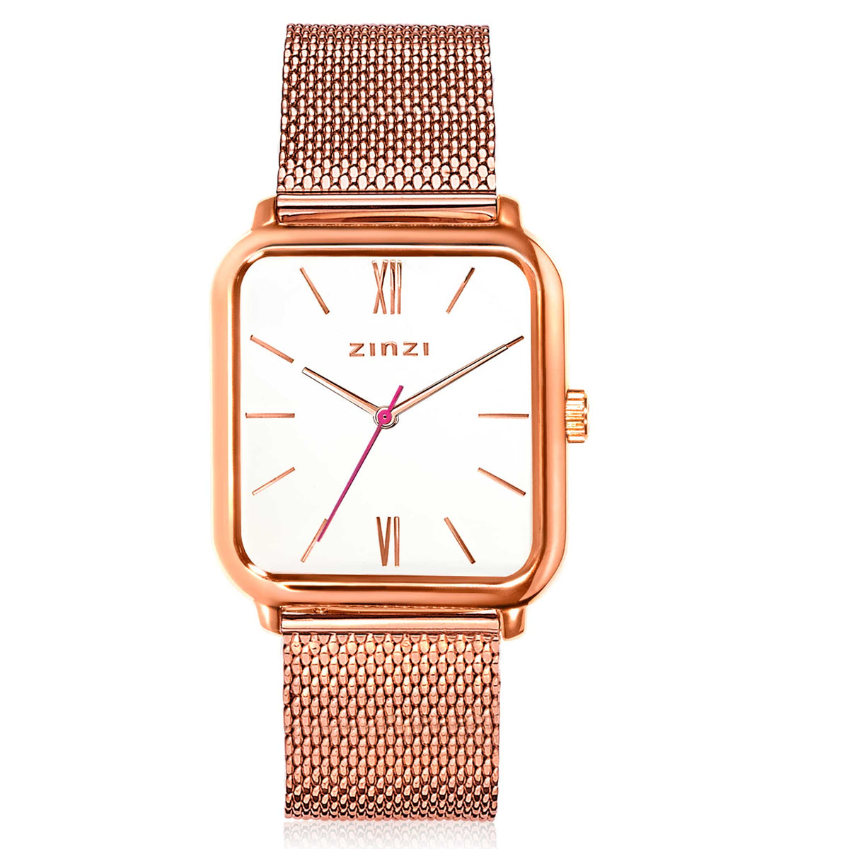 Reloj de color rosado con caja cuadrada, esfera blanca y correa de malla metálica.