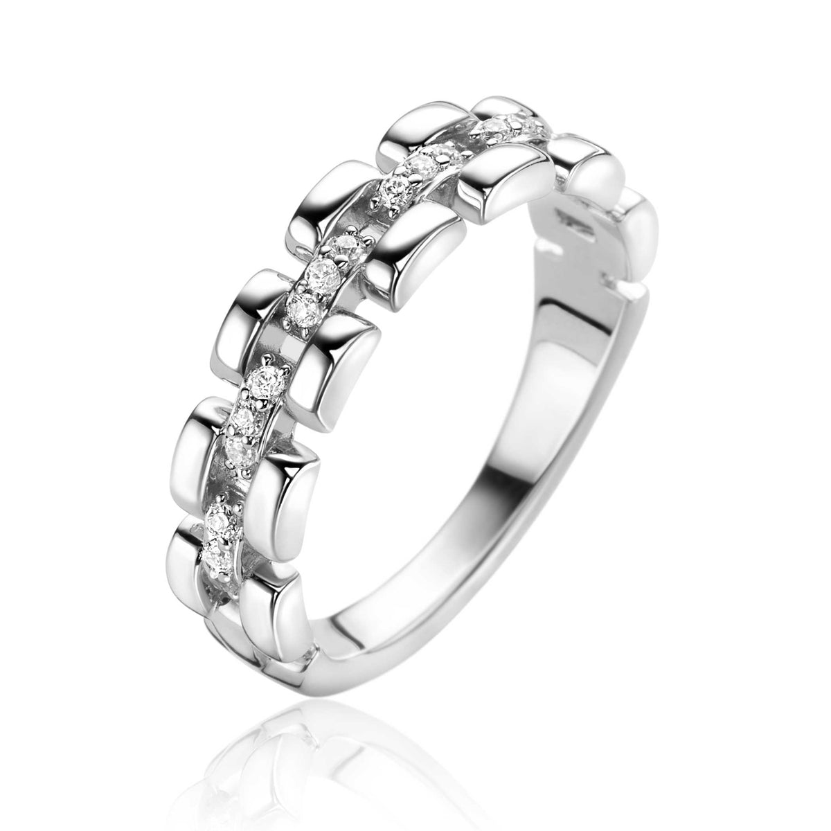 Anillo de plata con detalles brillantes y forma ondulada.