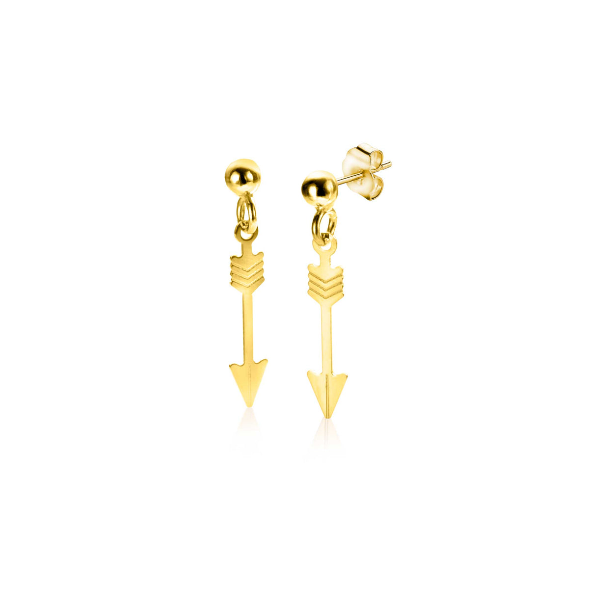 Pendientes de oro con diseño de flecha, colgantes y acabado brillante.
