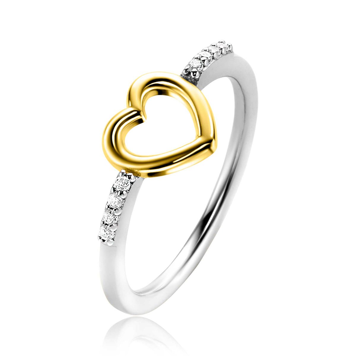 Anillo de plata con un corazón dorado y detalles de circonitas.