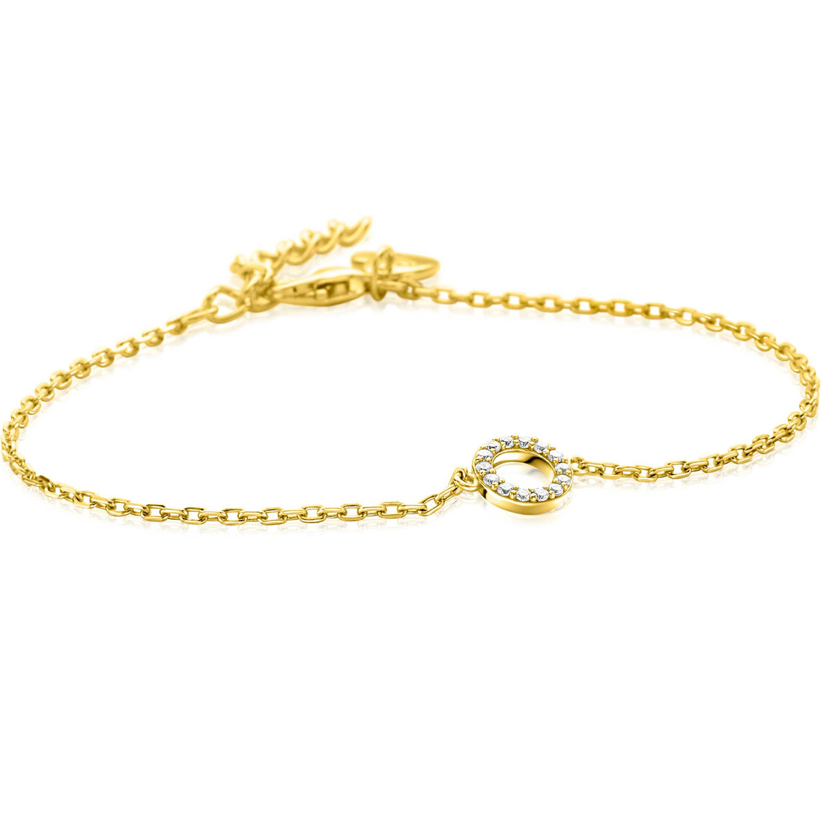 Pulsera dorada con un colgante circular y un cristal brillante en el centro.