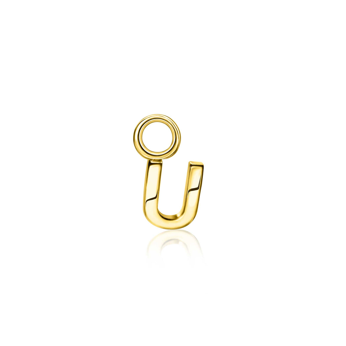 Pendiente de aro dorado con forma de letra U y detalle circular en la parte superior.