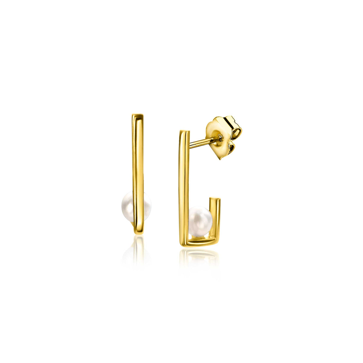 Pendientes de aro dorados con forma rectangular y perla en el interior.
