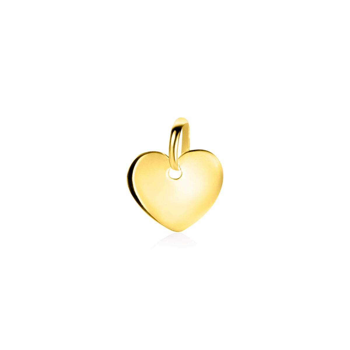 Colgante en forma de corazón dorado con acabado pulido y un pequeño agujero para colgar.