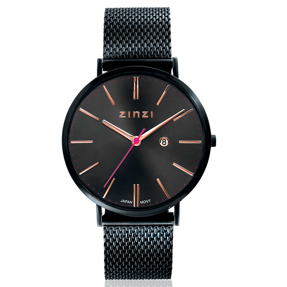 Reloj negro de acero con esfera negra, detalles en rosa y correa de malla.