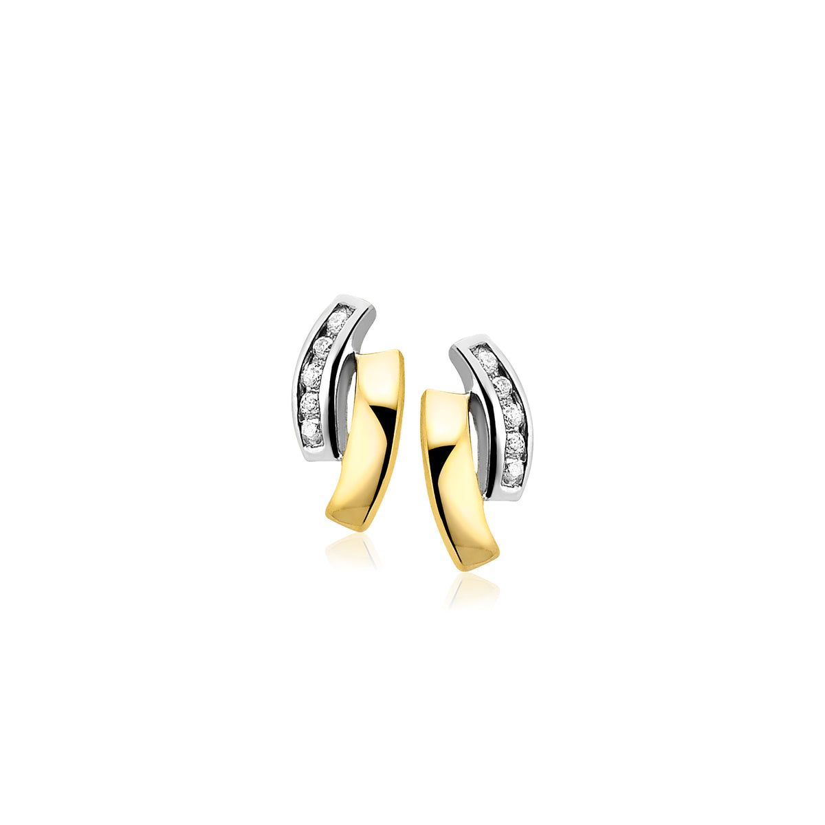 Pendientes de oro con detalles plateados y piedras brillantes, en forma curva.