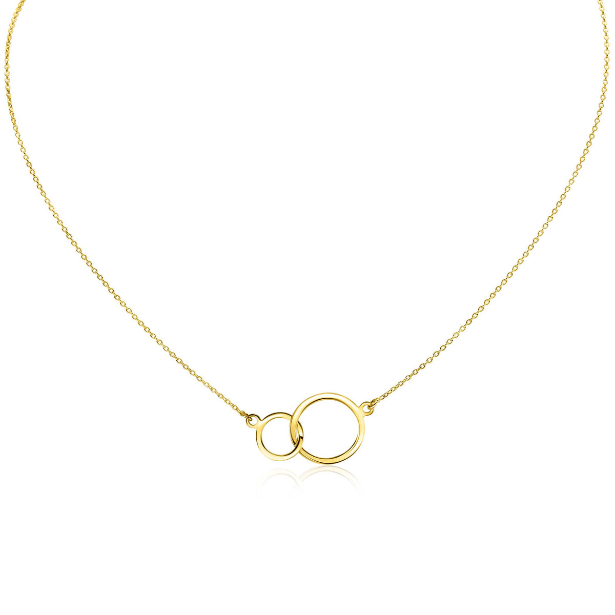 Collar dorado con dos aros entrelazados y cadena delicada.